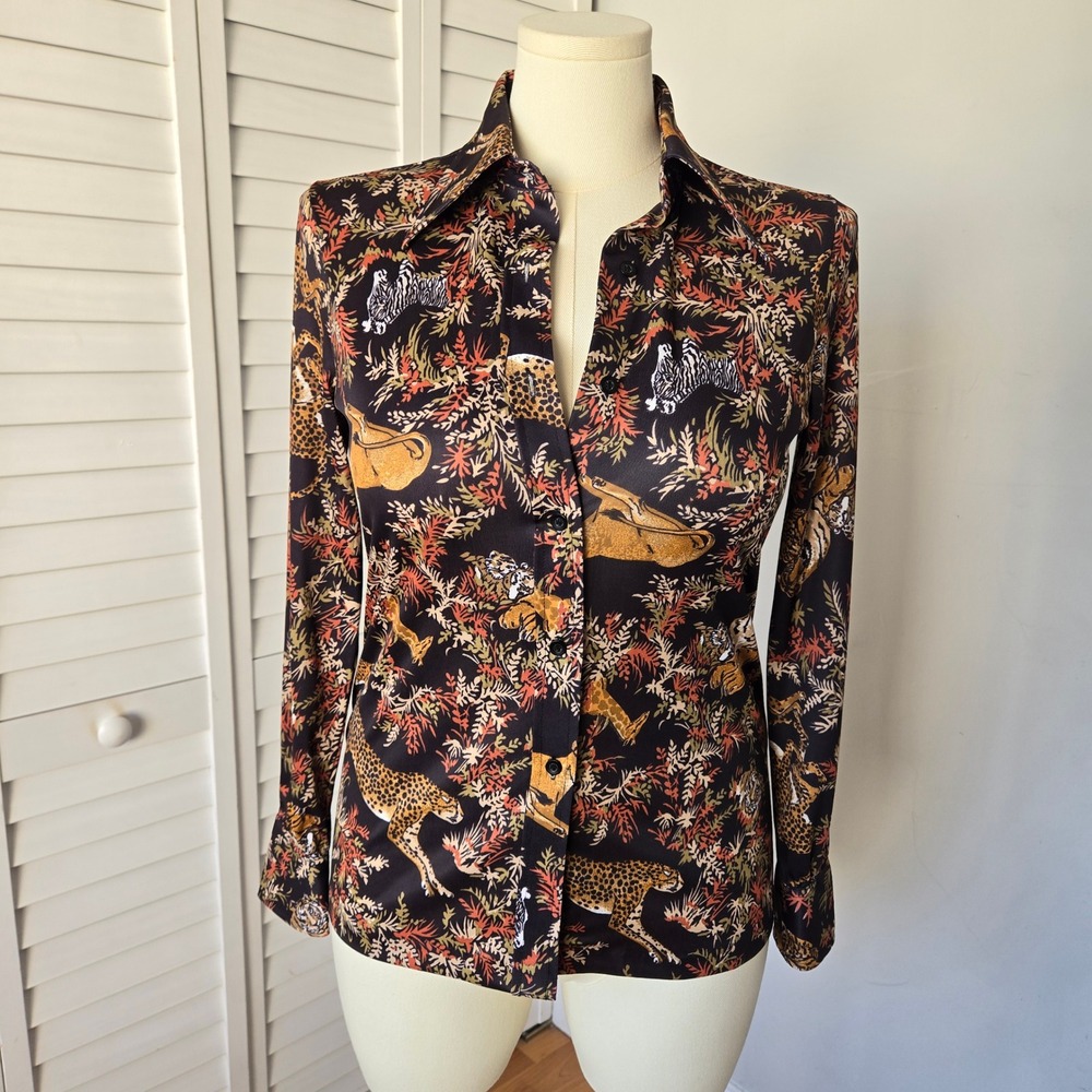 Ship n Shore Safari Animal Print Button Down Blouse Size M Jungle Vtg 70s Retro